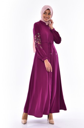 Sleeve Embroidered Abaya 1386-02 Purple 1386-02