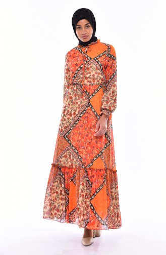 فستان شيفون بتصميم مطبع 5650B-01 لون برتقالي 5650B-01