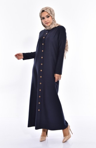 Düğmeli Kuşaklı Elbise 6008-01 Lacivert