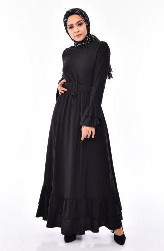 Fırfırlı Kemerli Elbise 4519-01 Siyah