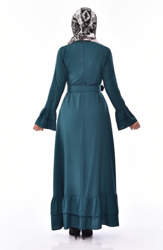 Fırfırlı Kemerli Elbise 4519-05 Zümrüt Yeşili