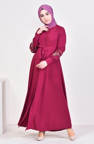 Sleeve Embroidered Abaya 1365-01 Plum 1365-01