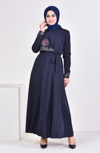 Stone Printed Abaya 1368-01 Navy Blue 1368-01