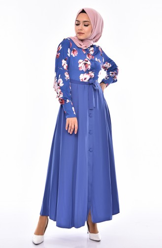 Patterned Abaya 1371-06 İndigo 1371-06