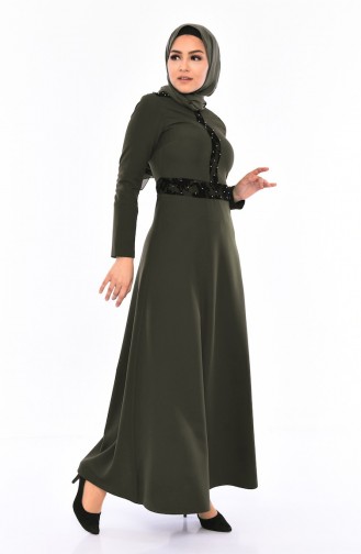 فستان بتصميم مُطبع ومزين باللؤلؤ 0054-04 لون اخضر كاكي 0054-04