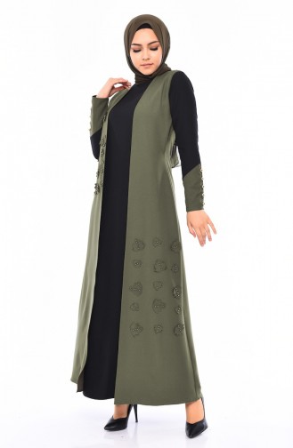 فستان بتصميم طبقتين مزين باللؤلؤ 4119-07 لون اخضر كاكي 4119-07