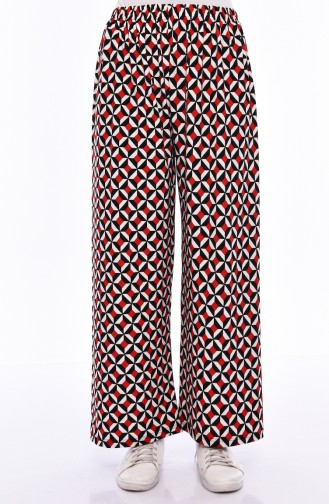 Geometrik Desenli Bol Paça Pantolon 7863-01 Siyah Kırmızı 7863-01