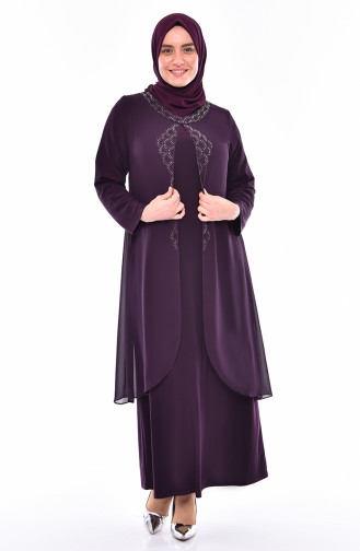 Grosse Grösse Stein Bedrucktes Abendkleid 1046-03 Lila 1046-03