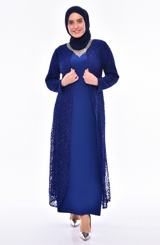 Robe de Soirée Détail Collier Grande Taille 1059-01 Bleu Roi 1059-01