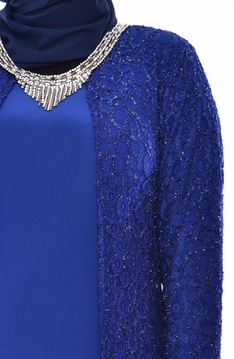 Robe de Soirée Détail Collier Grande Taille 1059-01 Bleu Roi 1059-01