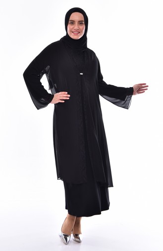 طقم فستان سهرة وجاكيت شيفون بتصميم مقاسات كبيرة 2412-05 لون أسود 2412-05