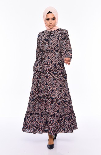 Knopf detaillierte Kleid mit Gürtel 13063-01 Dunkelblau Puder 13063-01