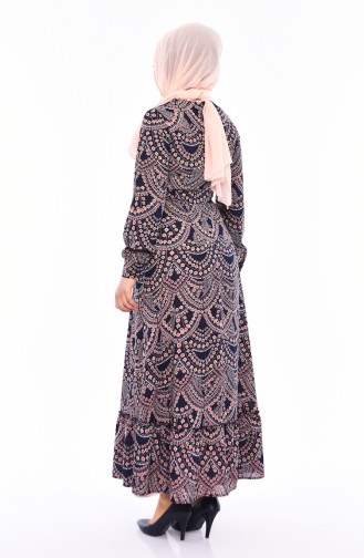 Düğme Detaylı Kuşaklı Elbise 13063-01 Lacivert Pudra