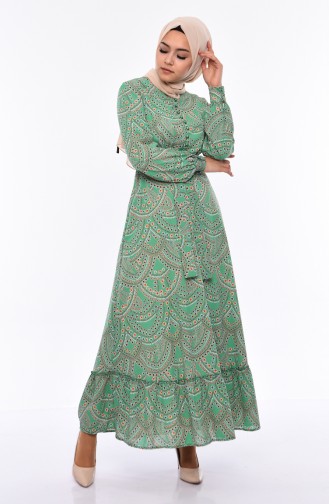 Button Detailed Belted Dress 13063-03 Green 13063-03