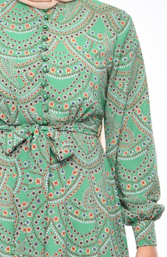 Düğme Detaylı Kuşaklı Elbise 13063-03 Yeşil