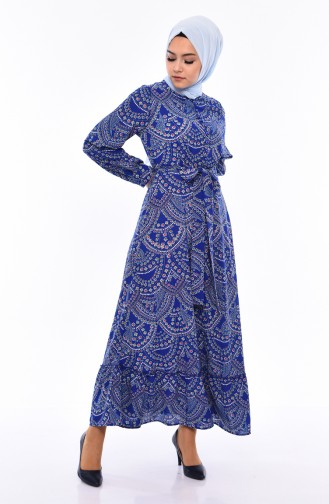 فستان بتفاصيل أزرار وحزام للخصر 13063-04 لون أزرق 13063-04