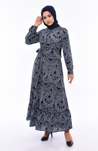 Button Detailed Belted Dress 13063-05 Navy Blue 13063-05