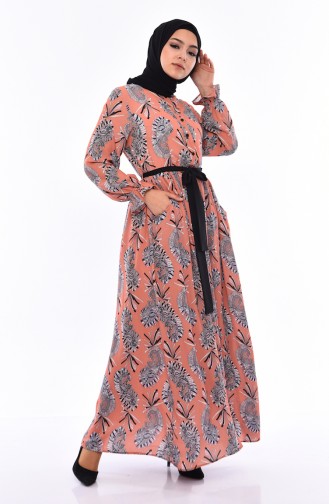 فستان صيفي بتصميم مُطبع 3064-02 لون برتقالي 3064-02
