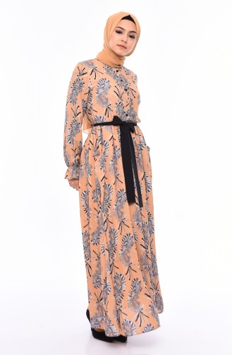 Desenli Yazlık Elbise 3064A-02 Safran Renk