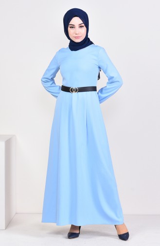 فستان بتصميم حزام للخصر 5657-05 لون أزرق فاتح 5657-05