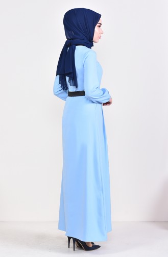 فستان بتصميم حزام للخصر 5657-05 لون أزرق فاتح 5657-05