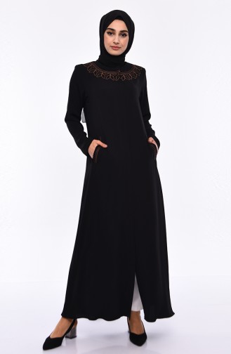 Large Size Embroidered Crepe Abaya 0007-03 Black 0007-03