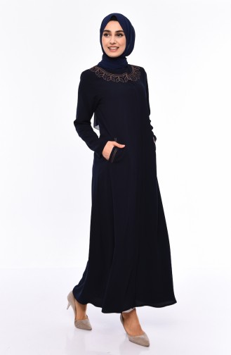 Large Size Embroidered Crepe Abaya 0007-04 Navy 0007-04