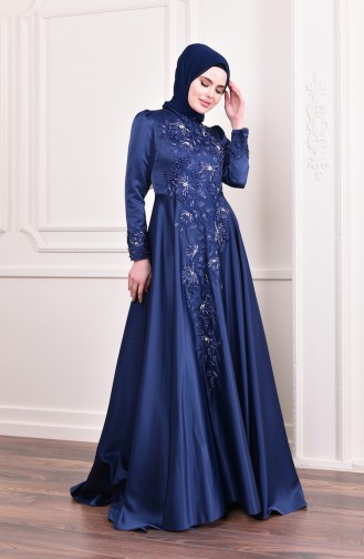 Beaded Embroidery Evening Dress  6156-02 Navy Blue 6156-02