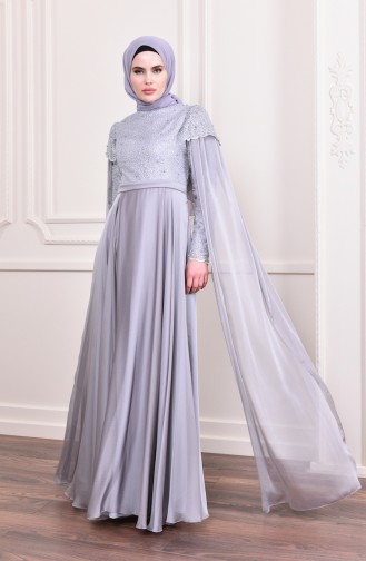 Gray Hijab Evening Dress 6158-01