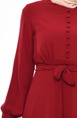 Button Detailed Belted Dress 3063-02 Claret Red 3063-02