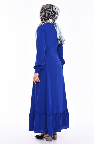 فستان بتفاصيل أزرار وحزام للخصر 3063-08 لون أزرق 3063-08