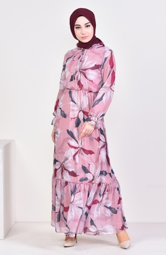 فستان شيفون بتصميم مطبع 5650-01 لون وردي باهت 5650-01