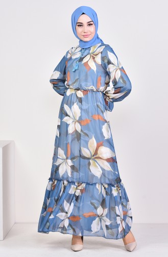 فستان شيفون بتصميم مطبع 5650-02 لون نيلي 5650-02