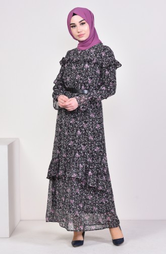 فستان شيفون بتصميم مورّد 4143-01لون اسود ووردي 4143-01