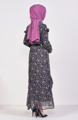 Çiçek Desenli Şifon Elbise 4143-01 Siyah Pudra