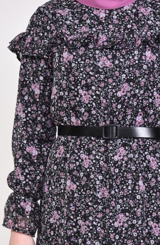 Çiçek Desenli Şifon Elbise 4143-01 Siyah Pudra