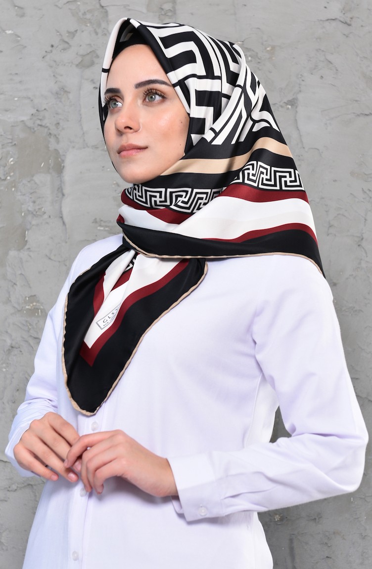 شال تول بتصميم مُطبع 70107-05 لون اسود وخمري 70107-05