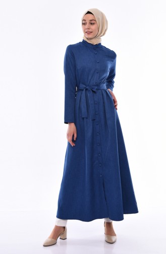 Buttoned Belted Abaya 2066-04 İndigo 2066-04