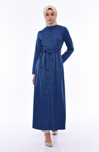 Buttoned Belted Abaya 2066-04 İndigo 2066-04