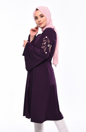 Embroidered Sleeve Midi Abaya 1392-01 Dark Purple 1392-01