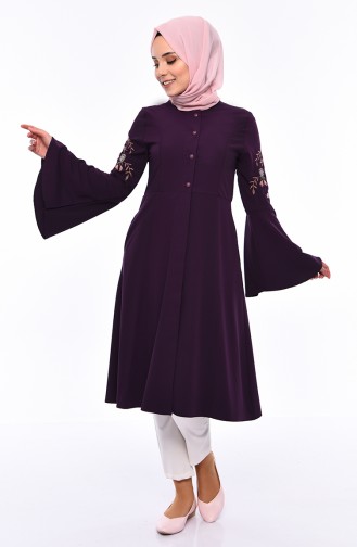 Embroidered Sleeve Midi Abaya 1392-01 Dark Purple 1392-01
