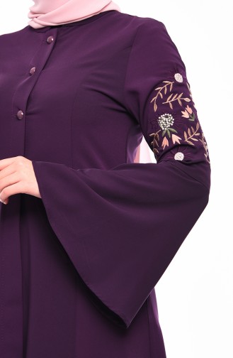 Embroidered Sleeve Midi Abaya 1392-01 Dark Purple 1392-01