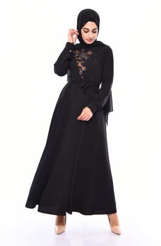 Abaya Perlées Avec Ceinture 1376-03 Noir 1376-03