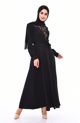 Pearly Belted Abaya 1376-03 Black 1376-03