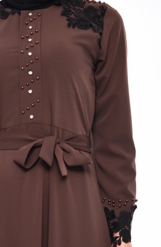 Lace Detailed Pearl Dress 20019-03 dark Brown 20019-03