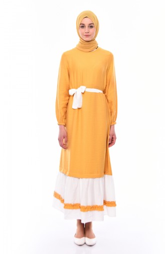 فستان بتفاصيل من الكشكش 5696-02 لون أصفر داكن 5696-02