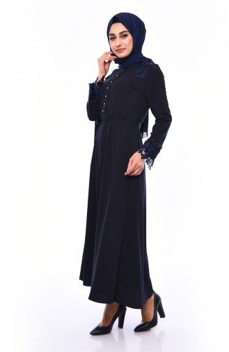 Lace Detailed Pearl Dress 20019-04 Navy 20019-04
