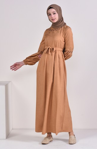 Embroidered Belted Dress 1022A-03 Mustard 1022A-03