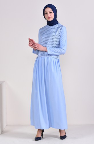 فستان بتصميم مُنقط 3089-03 لون أزرق فاتح 3089-03