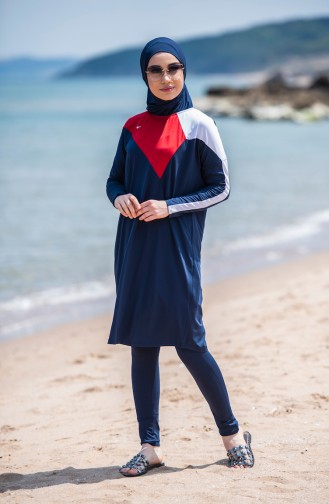 Garnished Hijab Swimsuit 339-02 Navy Blue 339-02